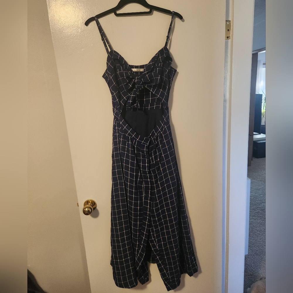 Slide Show Navy Blue Checkered Dress with Cutout And Buttons